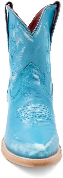 Womens Pixie Embroidered Pointed Toe Pull On Casual Boots Ankle Mid Heel 2-3" - Blue
