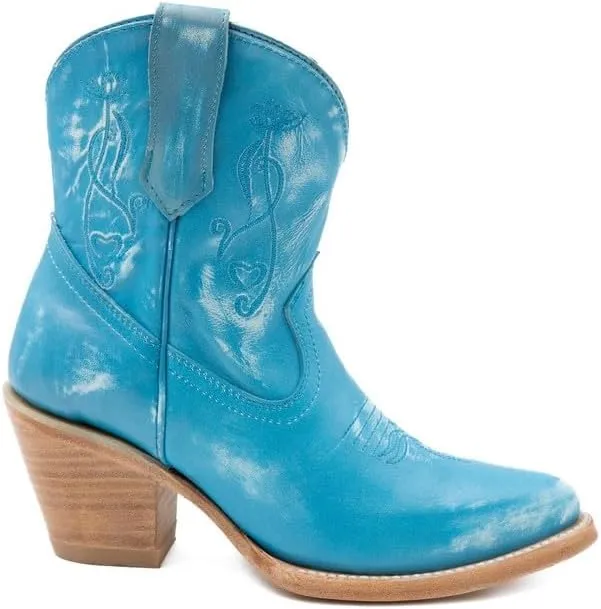 Womens Pixie Embroidered Pointed Toe Pull On Casual Boots Ankle Mid Heel 2-3" - Blue