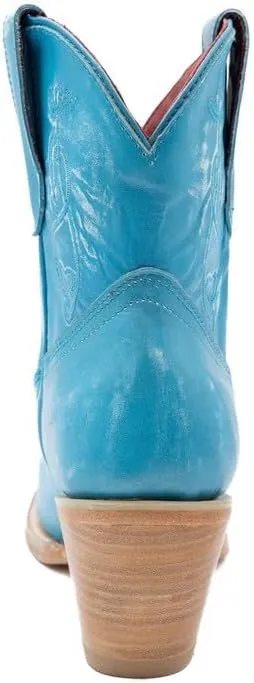 Womens Pixie Embroidered Pointed Toe Pull On Casual Boots Ankle Mid Heel 2-3" - Blue