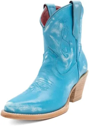 Womens Pixie Embroidered Pointed Toe Pull On Casual Boots Ankle Mid Heel 2-3" - Blue