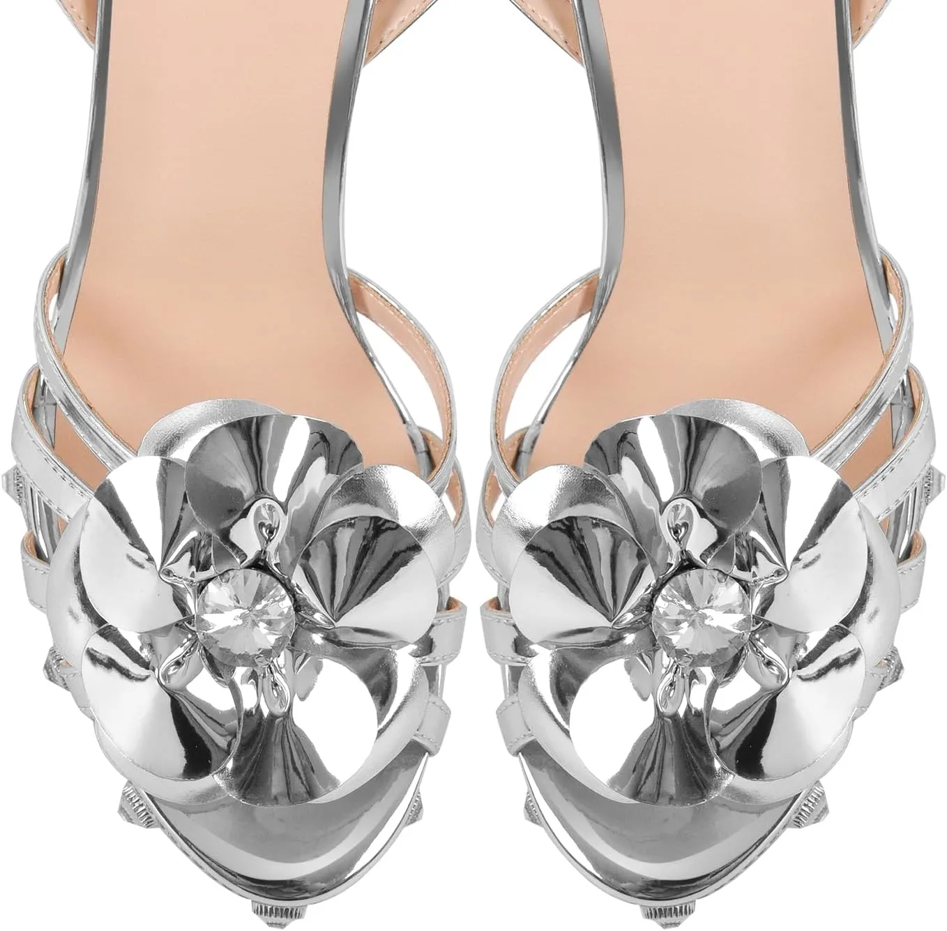 Women's Platform Block High Heels Ankle Buckle Diamond Studded Heeled Sandals Flower Chunky Heel