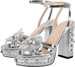 Women's Platform Block High Heels Ankle Buckle Diamond Studded Heeled Sandals Flower Chunky Heel