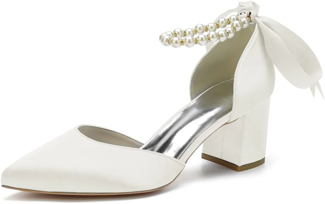 Women's Pointed Toe Chunky Block Heels Wedding Shoes for Bride Closed Toe High Heeled Wedding Bridal Dressy Shoes