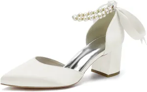 Women's Pointed Toe Chunky Block Heels Wedding Shoes for Bride Closed Toe High Heeled Wedding Bridal Dressy Shoes