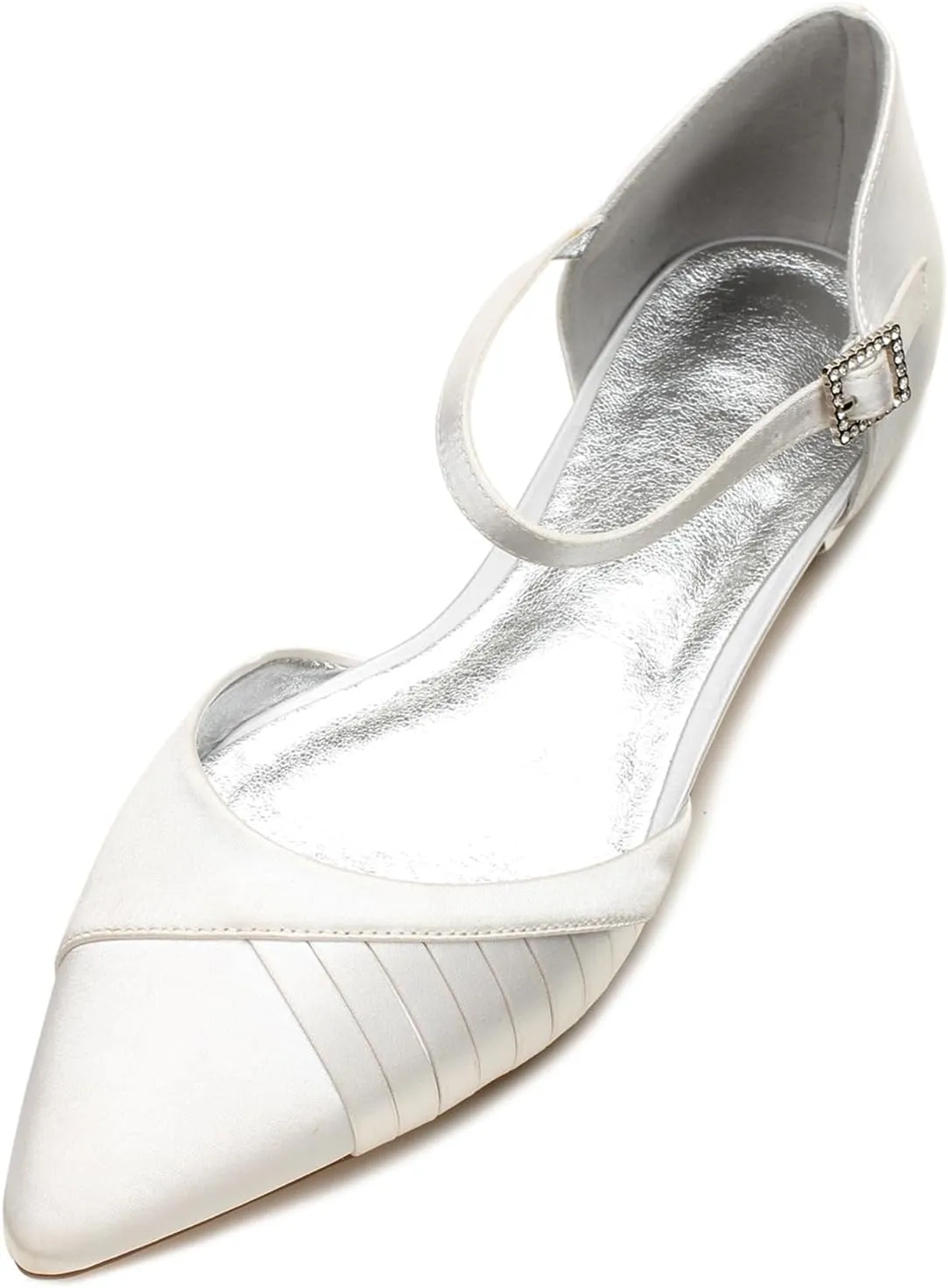 Women's Pointed Toe Pumps Pleated Satin Wedding Shoes for Bride Flats Ankle Strap Bridal Shoes Formal Prom Party Dress Pumps Sandals