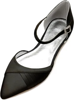 Women's Pointed Toe Pumps Pleated Satin Wedding Shoes for Bride Flats Ankle Strap Bridal Shoes Formal Prom Party Dress Pumps Sandals