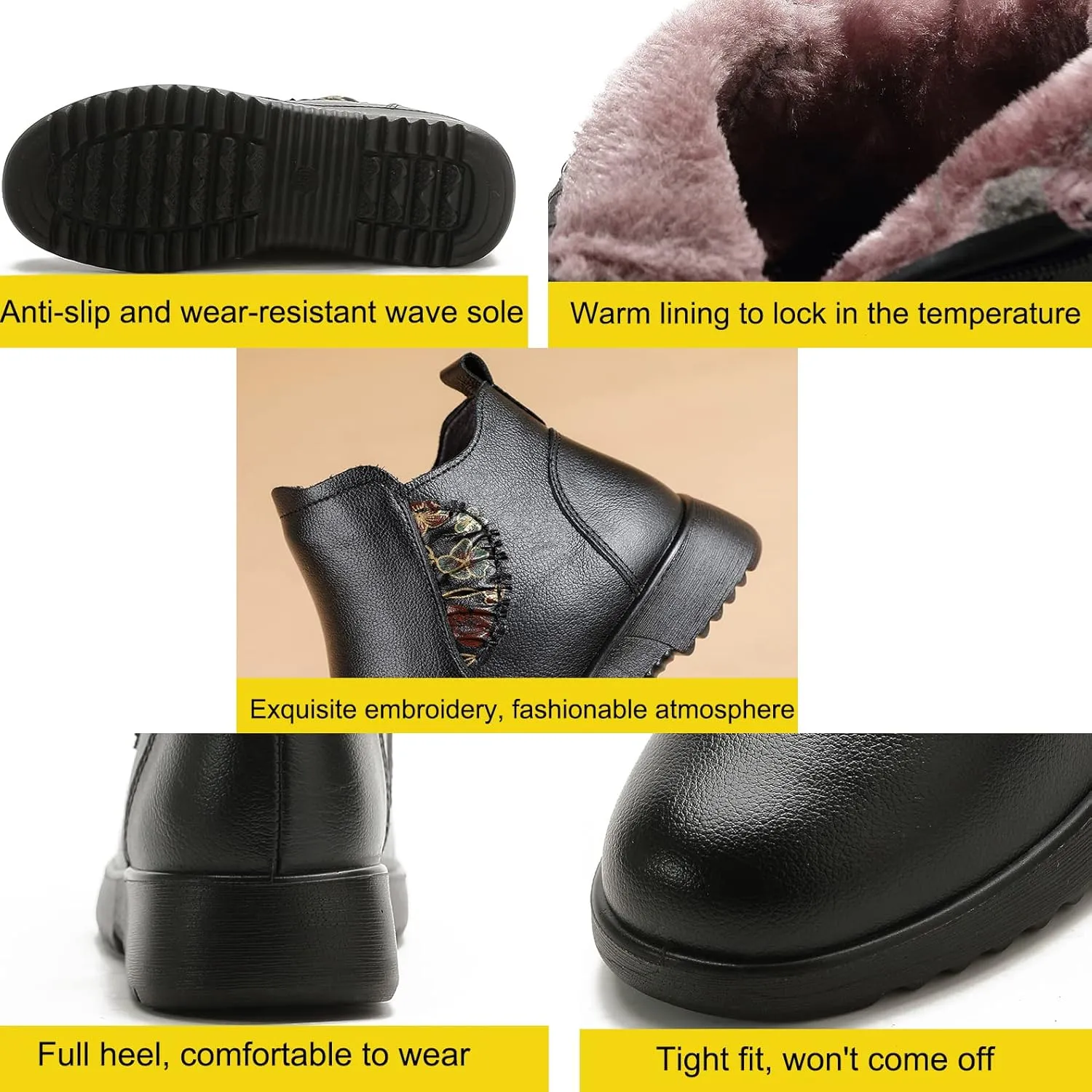 Women's Retro Soft Leather Velvet Inner Ankle Snow Boots,Winter Waterproof Non-slip Warm Mama Shoes with Zipper