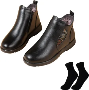 Women's Retro Soft Leather Velvet Inner Ankle Snow Boots,Winter Waterproof Non-slip Warm Mama Shoes with Zipper