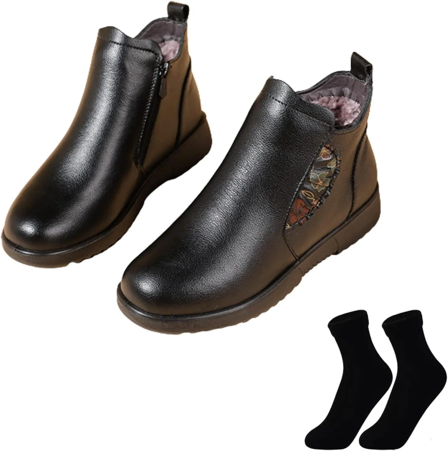 Women's Retro Soft Leather Velvet Inner Ankle Snow Boots,Winter Waterproof Non-slip Warm Mama Shoes with Zipper
