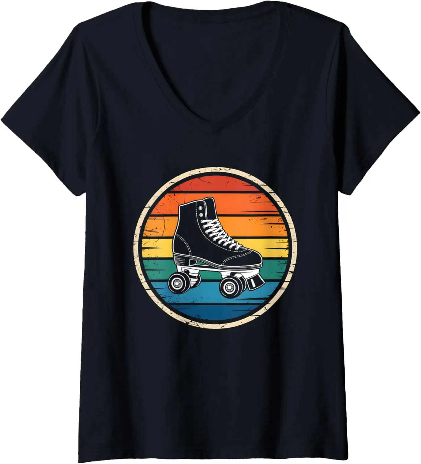 Womens Retro Sunset Roller Skate Shoes Silhouette Roller Skating V-Neck T-Shirt