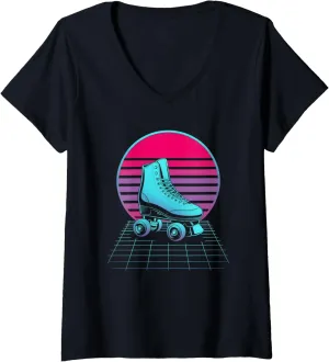 Womens Retro Synthwave Vaporwave Roller Skate Shoes V-Neck T-Shirt