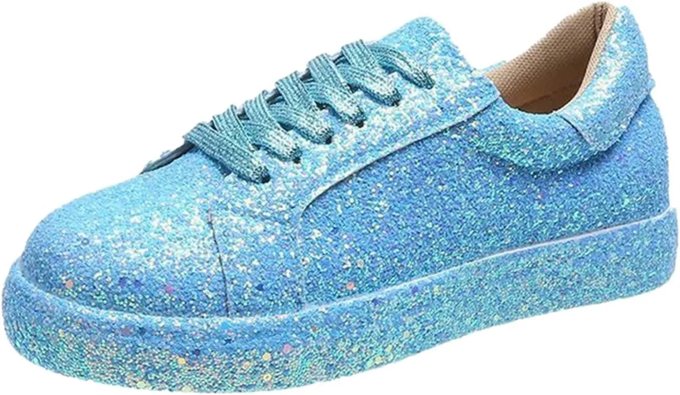 Women's Rhinestone Sneakers Ladies Fashion Sequin Round Head Lace Up Comfortable Flat Casual Shoes Women's Lace Up Casual Sneakers Glitter Sneakers