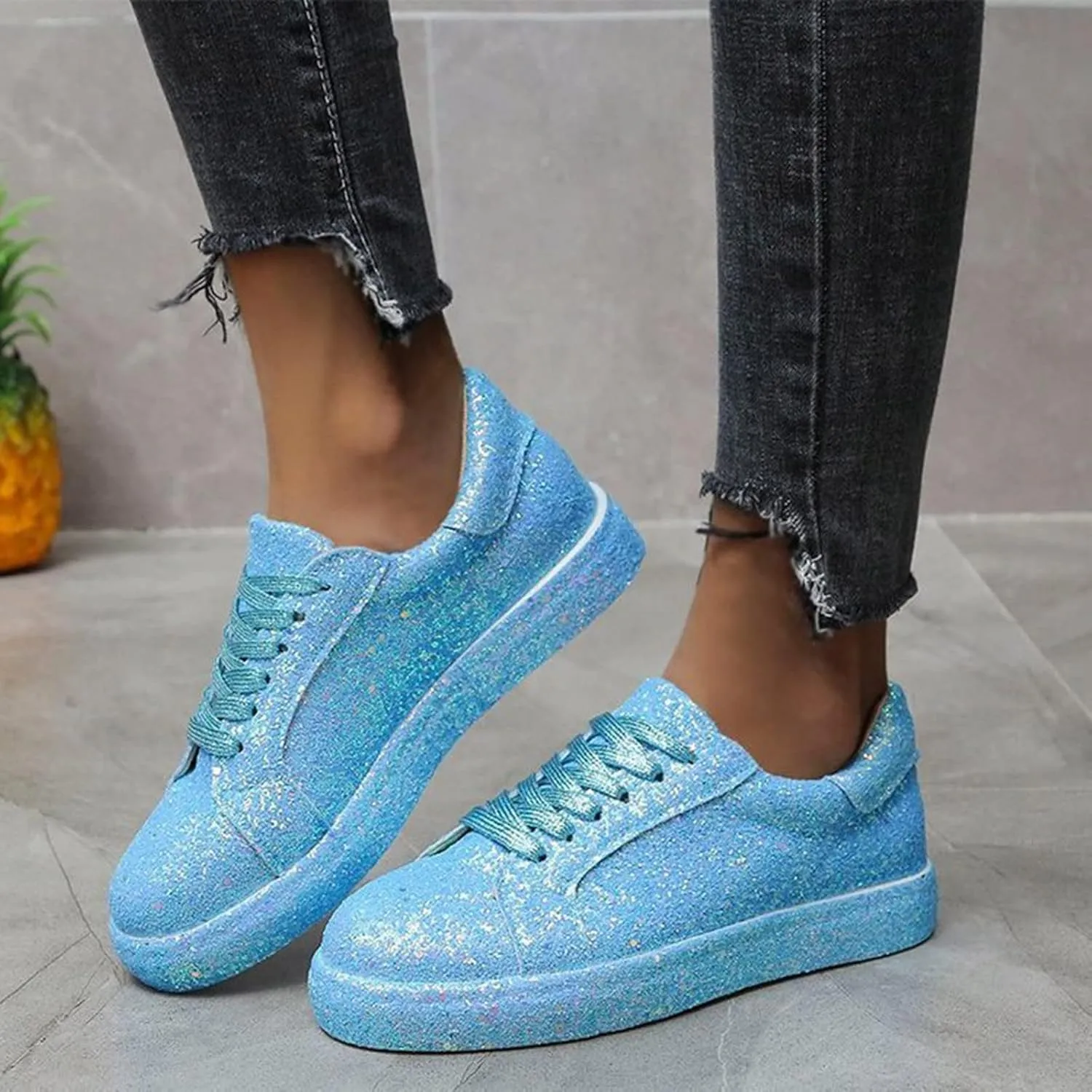 Women's Rhinestone Sneakers Ladies Fashion Sequin Round Head Lace Up Comfortable Flat Casual Shoes Women's Lace Up Casual Sneakers Glitter Sneakers