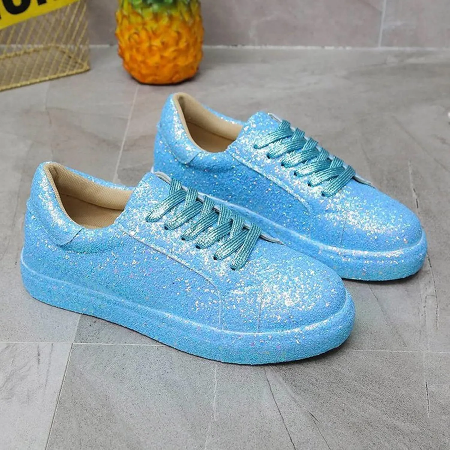 Women's Rhinestone Sneakers Ladies Fashion Sequin Round Head Lace Up Comfortable Flat Casual Shoes Women's Lace Up Casual Sneakers Glitter Sneakers