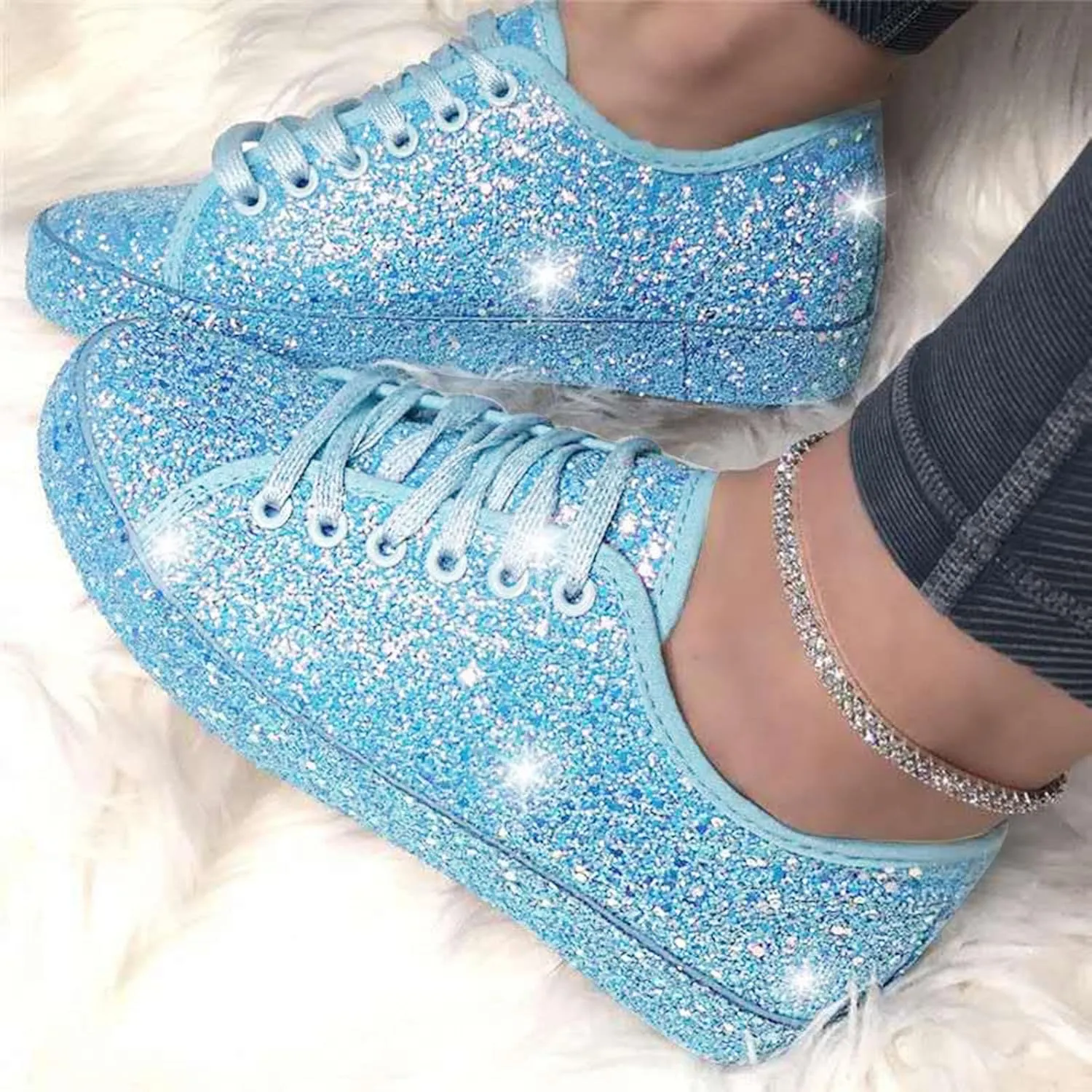 Women's Rhinestone Sneakers Ladies Fashion Sequin Round Head Lace Up Comfortable Flat Casual Shoes Women's Lace Up Casual Sneakers Glitter Sneakers