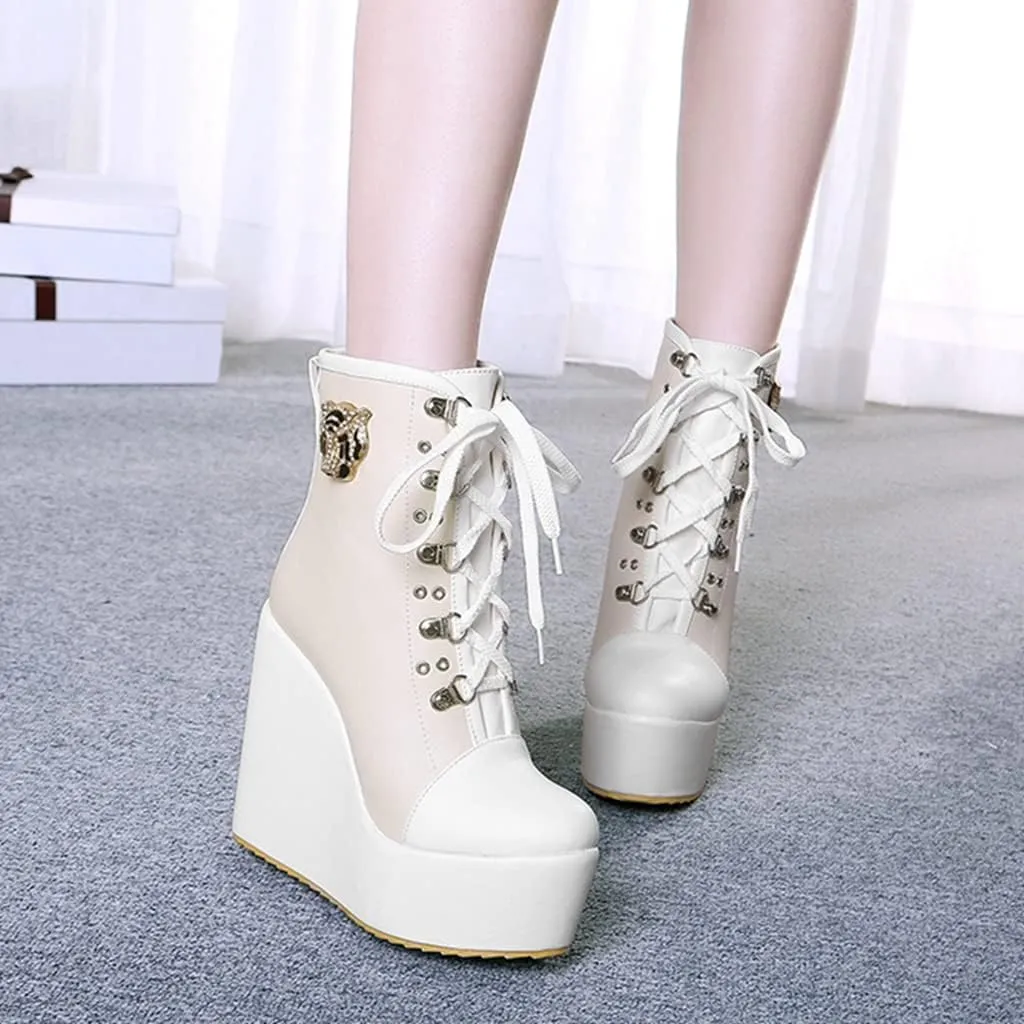 Women's Round Toe Wedge Platform Dress Ankle Boots Lace Up Chunky High Heels Dressy Short Booties