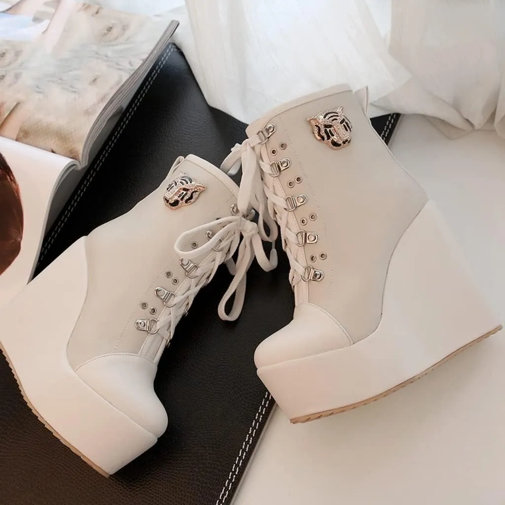 Women's Round Toe Wedge Platform Dress Ankle Boots Lace Up Chunky High Heels Dressy Short Booties