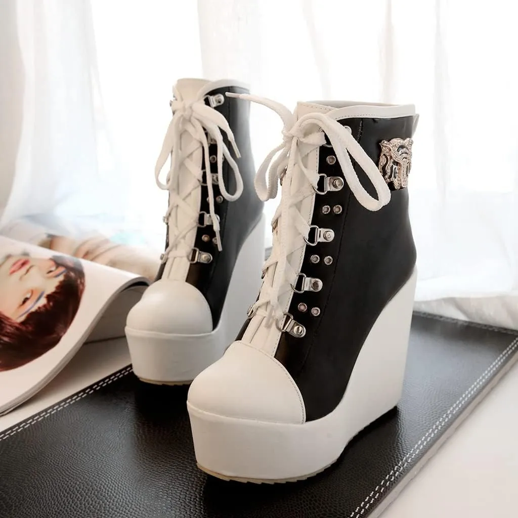 Women's Round Toe Wedge Platform Dress Ankle Boots Lace Up Chunky High Heels Dressy Short Booties
