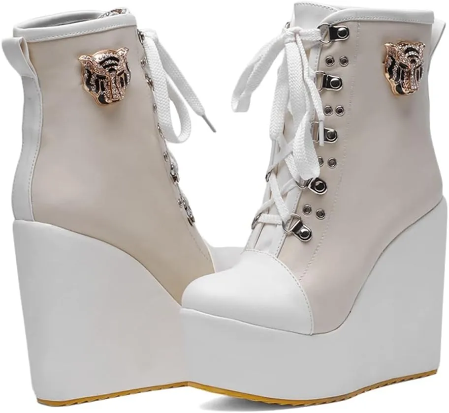 Women's Round Toe Wedge Platform Dress Ankle Boots Lace Up Chunky High Heels Dressy Short Booties