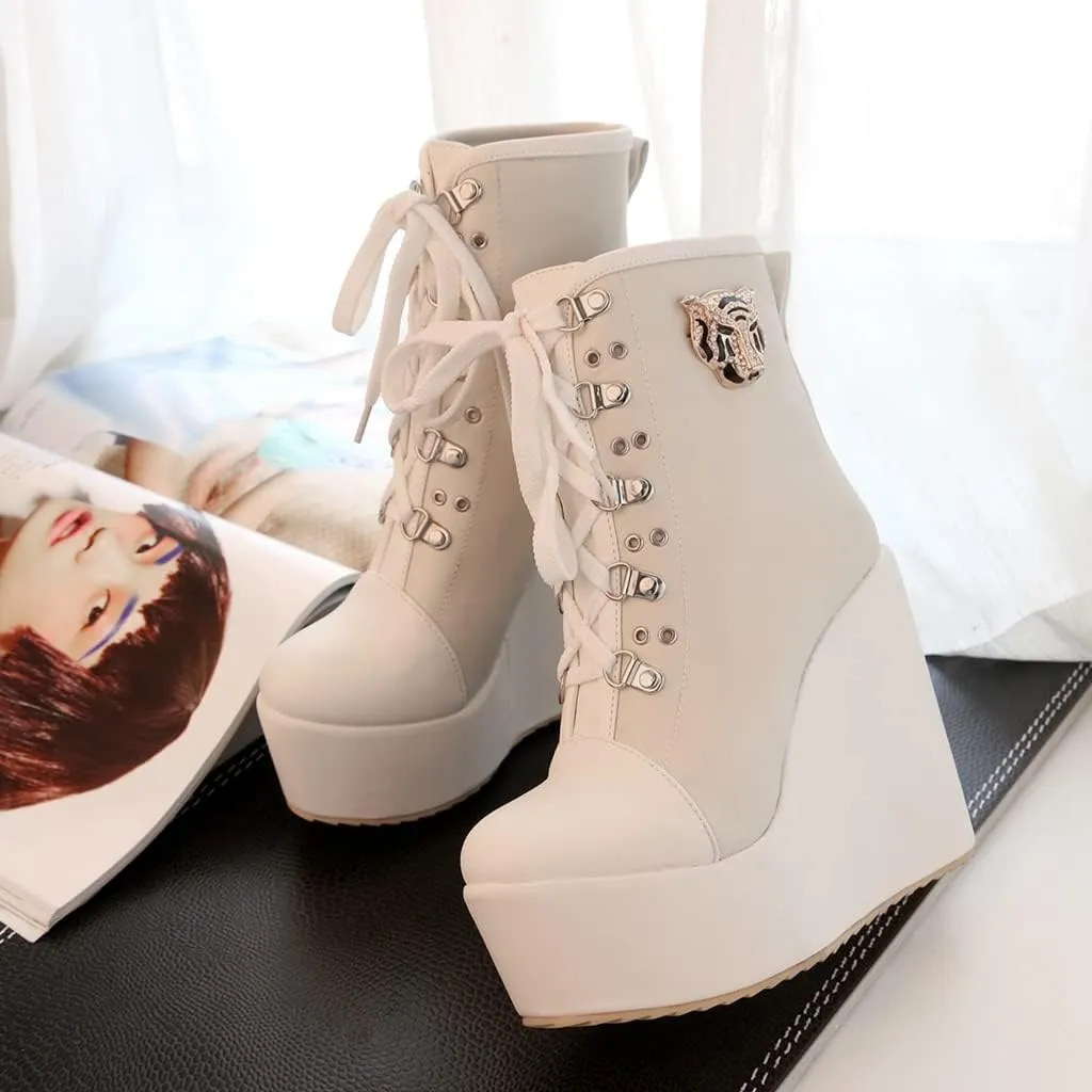 Women's Round Toe Wedge Platform Dress Ankle Boots Lace Up Chunky High Heels Dressy Short Booties