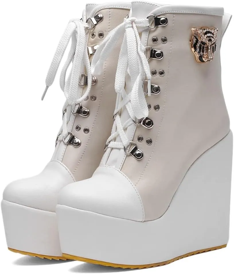 Women's Round Toe Wedge Platform Dress Ankle Boots Lace Up Chunky High Heels Dressy Short Booties