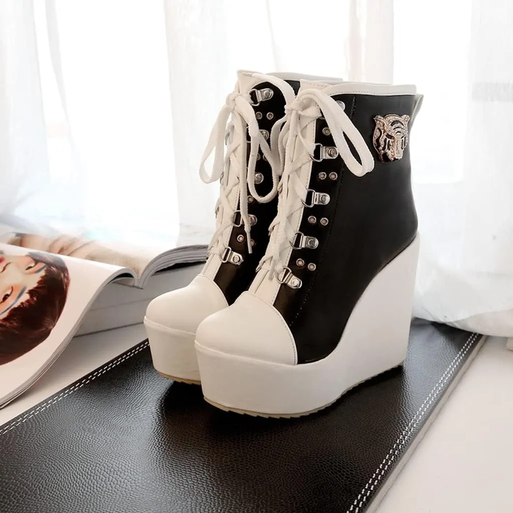 Women's Round Toe Wedge Platform Dress Ankle Boots Lace Up Chunky High Heels Dressy Short Booties