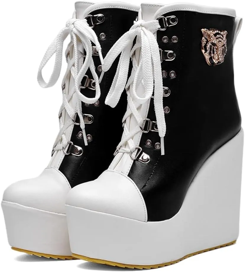 Women's Round Toe Wedge Platform Dress Ankle Boots Lace Up Chunky High Heels Dressy Short Booties