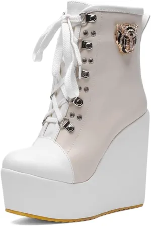 Women's Round Toe Wedge Platform Dress Ankle Boots Lace Up Chunky High Heels Dressy Short Booties