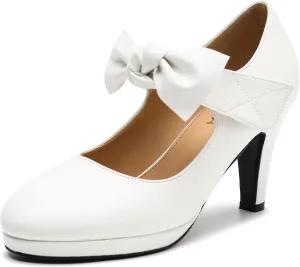 Women's Vintage Bow Heels Platform Mary Jane High Heeled Pumps Ladies Sexy Cute Dress Shoes Wedding Work Party