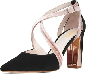 XYD Pointed Toe Chunky Block Metallic High Heels for Women Crossed Straps Velvet Pumps D'Orsay Retro Party Evening Bridal Shoes