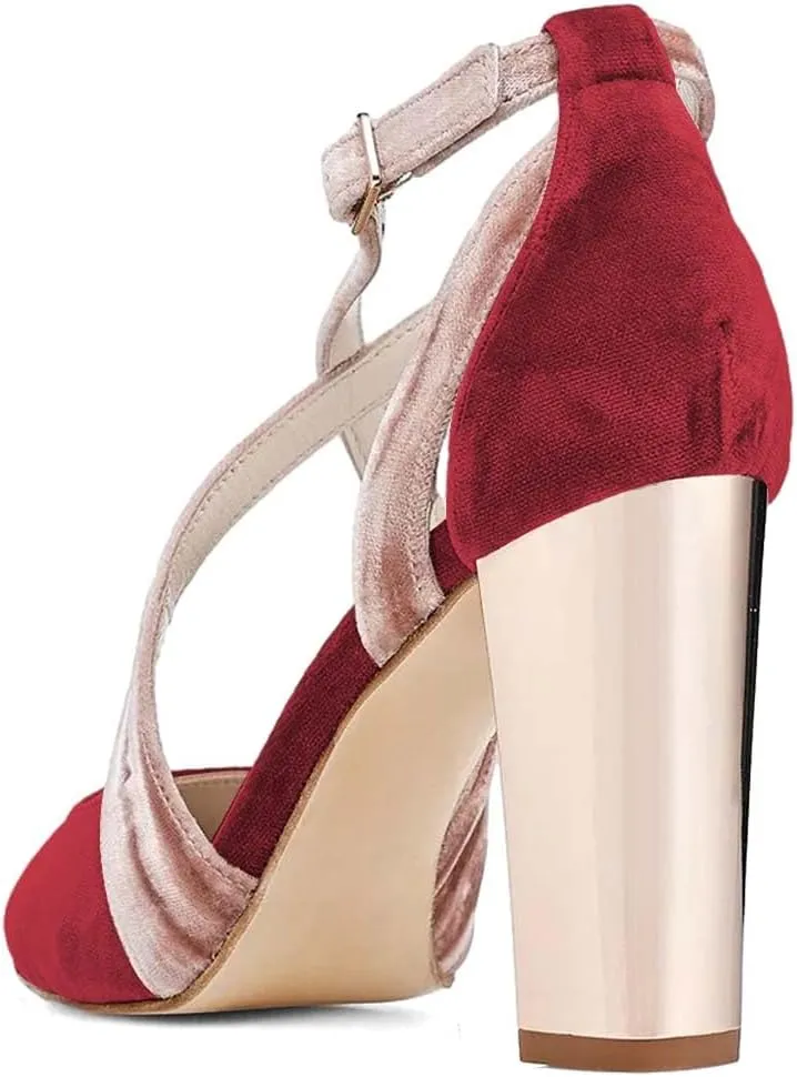 XYD Pointed Toe Chunky Block Metallic High Heels for Women Crossed Straps Velvet Pumps D'Orsay Retro Party Evening Bridal Shoes