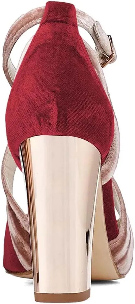 XYD Pointed Toe Chunky Block Metallic High Heels for Women Crossed Straps Velvet Pumps D'Orsay Retro Party Evening Bridal Shoes