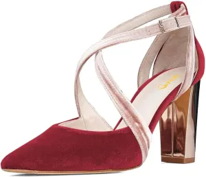 XYD Pointed Toe Chunky Block Metallic High Heels for Women Crossed Straps Velvet Pumps D'Orsay Retro Party Evening Bridal Shoes