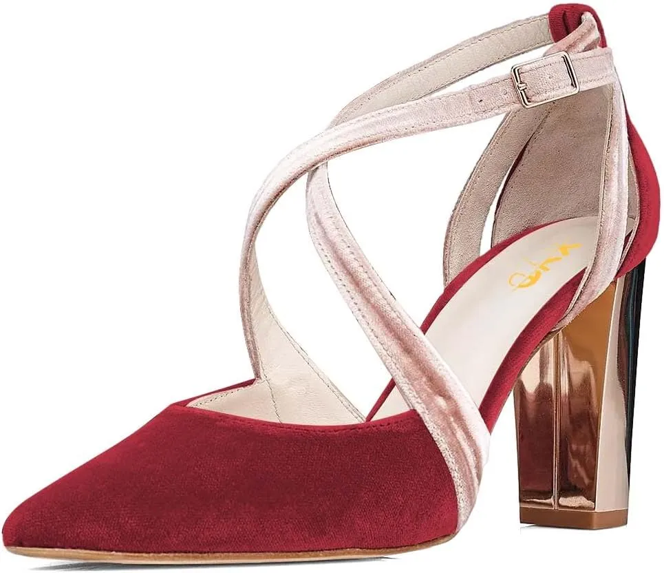 XYD Pointed Toe Chunky Block Metallic High Heels for Women Crossed Straps Velvet Pumps D'Orsay Retro Party Evening Bridal Shoes