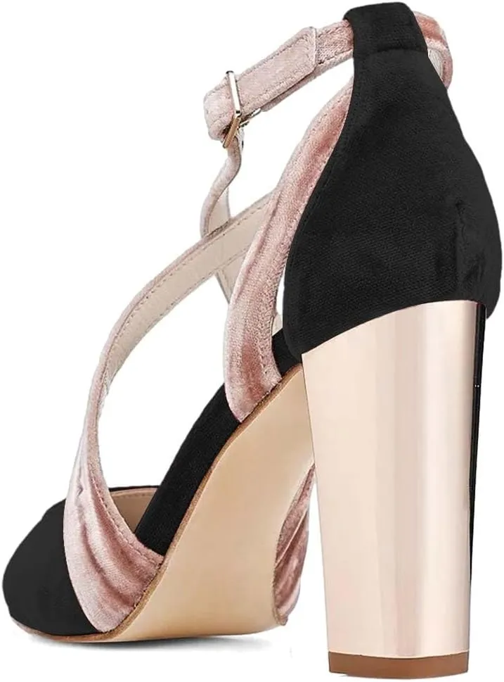 XYD Pointed Toe Chunky Block Metallic High Heels for Women Crossed Straps Velvet Pumps D'Orsay Retro Party Evening Bridal Shoes