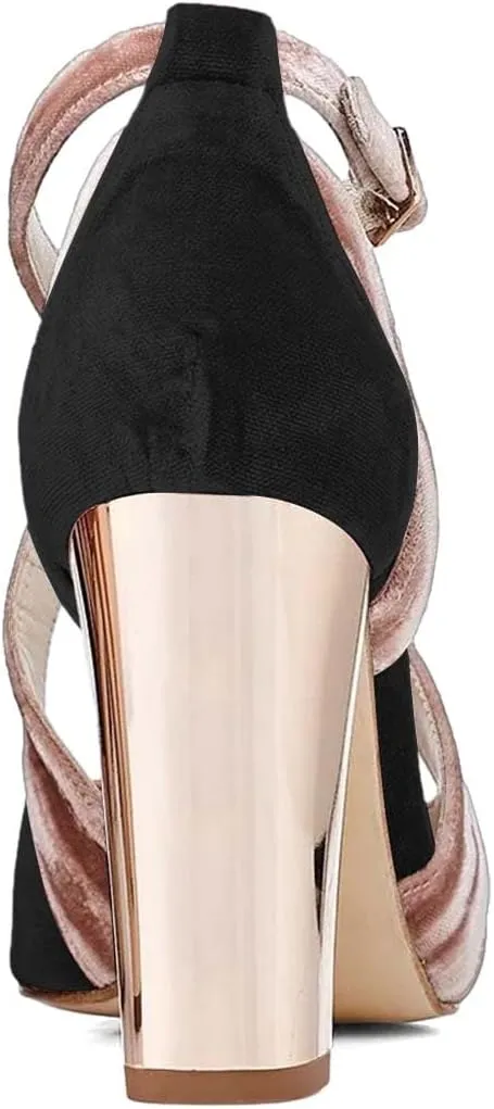 XYD Pointed Toe Chunky Block Metallic High Heels for Women Crossed Straps Velvet Pumps D'Orsay Retro Party Evening Bridal Shoes