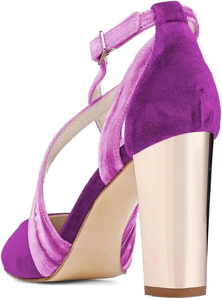 XYD Pointed Toe Chunky Block Metallic High Heels for Women Crossed Straps Velvet Pumps D'Orsay Retro Party Evening Bridal Shoes