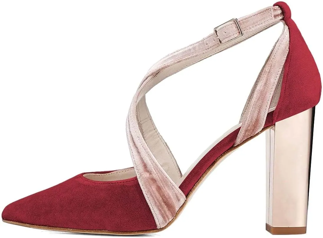 XYD Pointed Toe Chunky Block Metallic High Heels for Women Crossed Straps Velvet Pumps D'Orsay Retro Party Evening Bridal Shoes