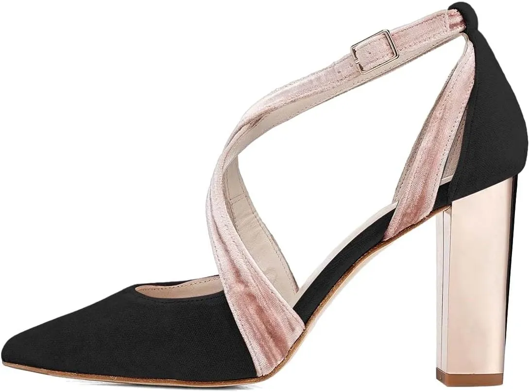 XYD Pointed Toe Chunky Block Metallic High Heels for Women Crossed Straps Velvet Pumps D'Orsay Retro Party Evening Bridal Shoes