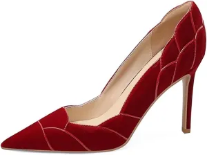 XYD Women Velvet Pumps Closed Pointed Toe High Heels Petaloid Curve Graceful Evening Stiletto Shoes