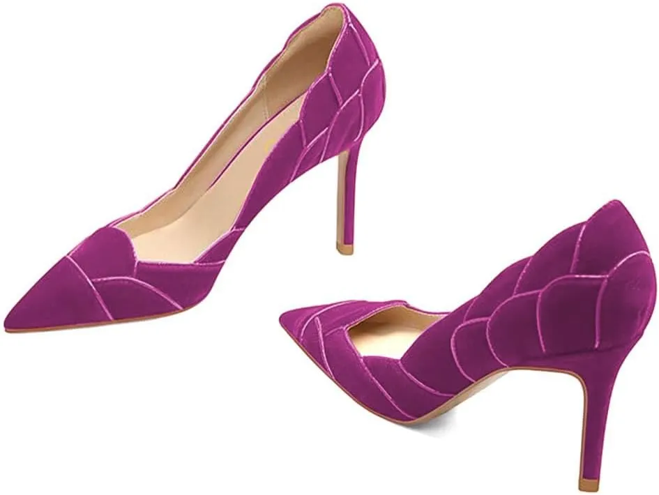 XYD Women Velvet Pumps Closed Pointed Toe High Heels Petaloid Curve Graceful Evening Stiletto Shoes