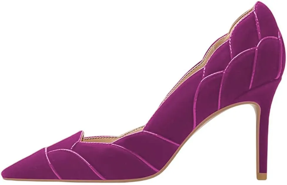 XYD Women Velvet Pumps Closed Pointed Toe High Heels Petaloid Curve Graceful Evening Stiletto Shoes