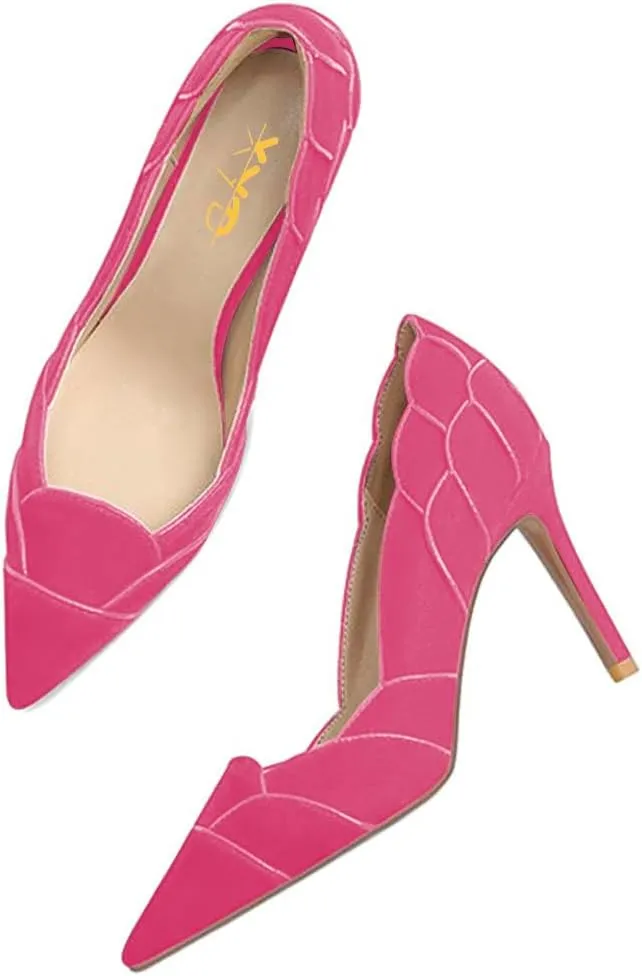 XYD Women Velvet Pumps Closed Pointed Toe High Heels Petaloid Curve Graceful Evening Stiletto Shoes