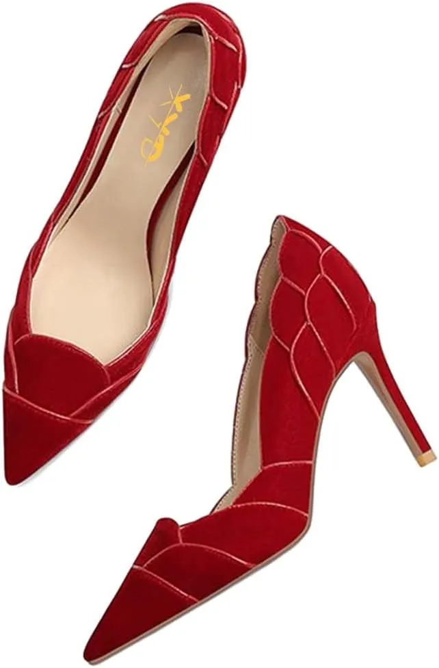 XYD Women Velvet Pumps Closed Pointed Toe High Heels Petaloid Curve Graceful Evening Stiletto Shoes