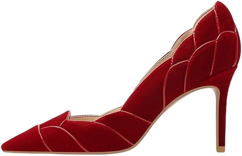 XYD Women Velvet Pumps Closed Pointed Toe High Heels Petaloid Curve Graceful Evening Stiletto Shoes