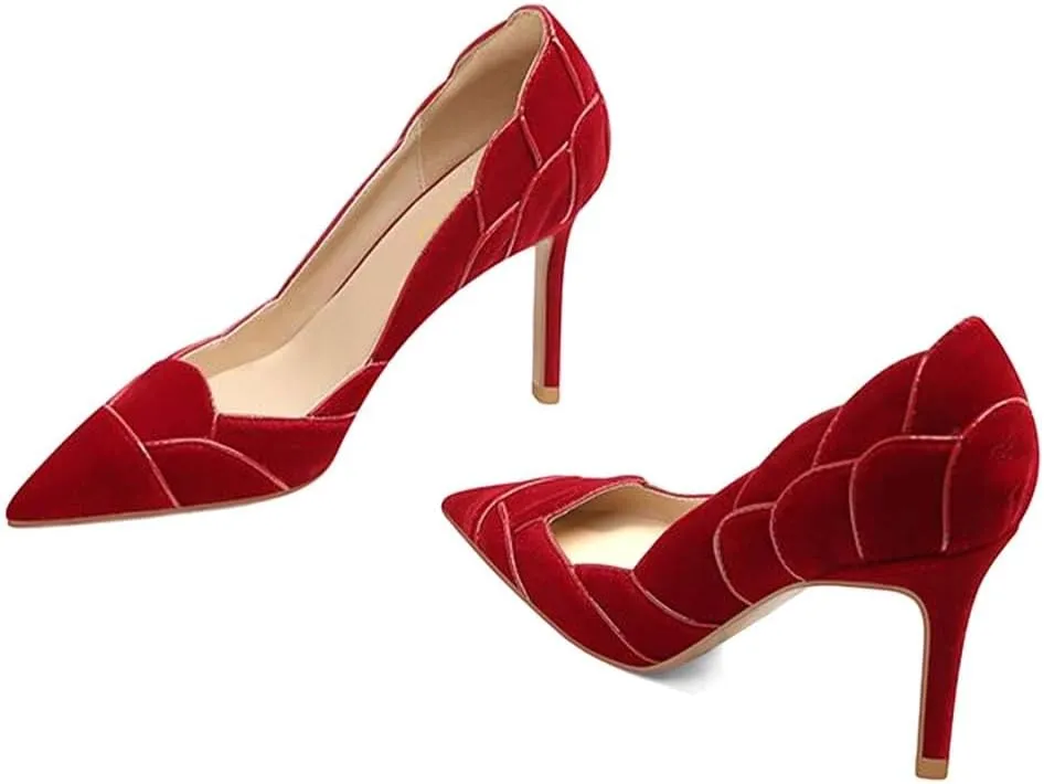 XYD Women Velvet Pumps Closed Pointed Toe High Heels Petaloid Curve Graceful Evening Stiletto Shoes