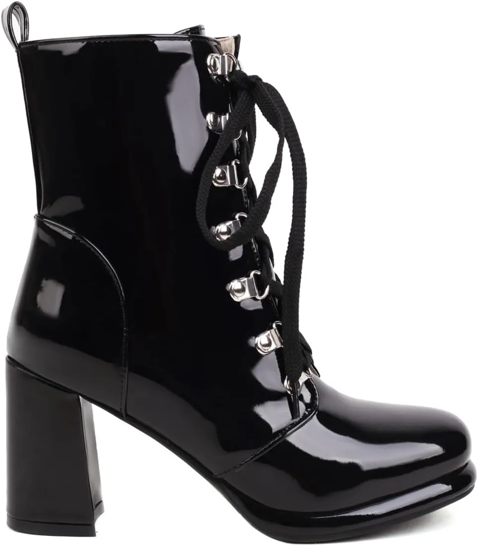 Yawors Women's BC351 High Top Bootie Lace Up Patent-Leather Mid Block Ankle Boots & Bootie