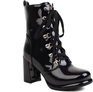 Yawors Women's BC351 High Top Bootie Lace Up Patent-Leather Mid Block Ankle Boots & Bootie