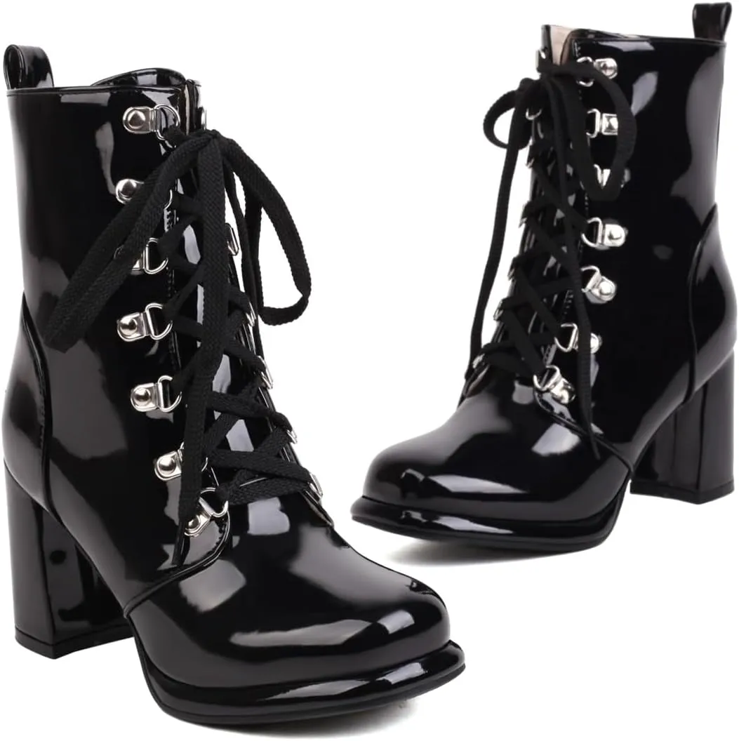 Yawors Women's BC351 High Top Bootie Lace Up Patent-Leather Mid Block Ankle Boots & Bootie