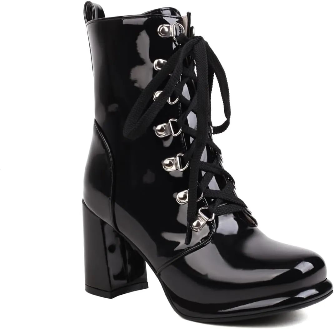 Yawors Women's BC351 High Top Bootie Lace Up Patent-Leather Mid Block Ankle Boots & Bootie